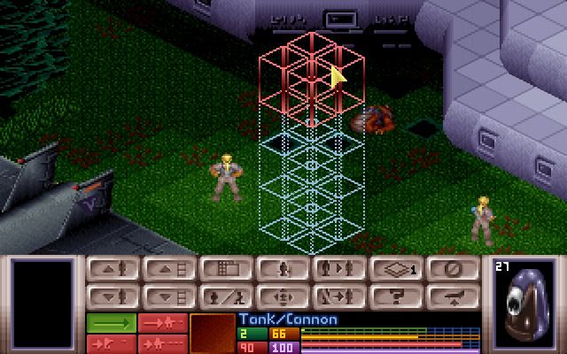 X-COM: UFO Defense (Windows) screenshot: Large UFOs have several floors of horror to explore.