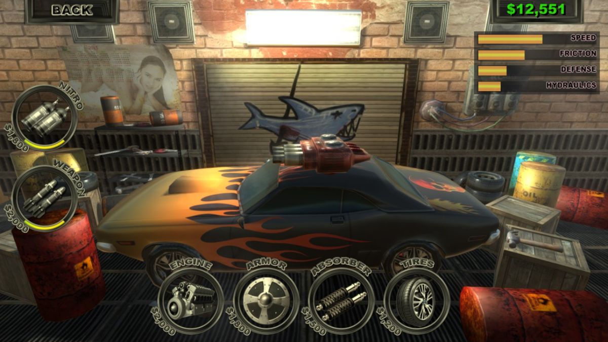 Lethal Brutal Racing (Windows) screenshot: Buying upgrades in the garage.