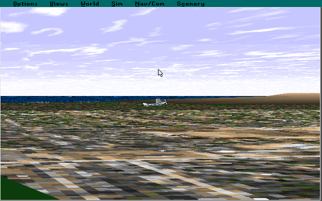Microsoft Hawaii: Scenery Enhancement for Microsoft Flight Simulator (DOS) screenshot: This is the view from Microsoft Flight Simulator 5.1, using the highest detail setting, of the Honolulu area. Here the scenery pack has not been installed.