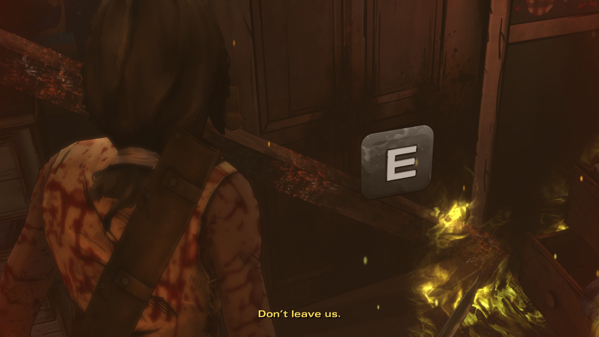 The Walking Dead: Michonne (Macintosh) screenshot: Episode 3 - The burning wood block has kids locked in the closet