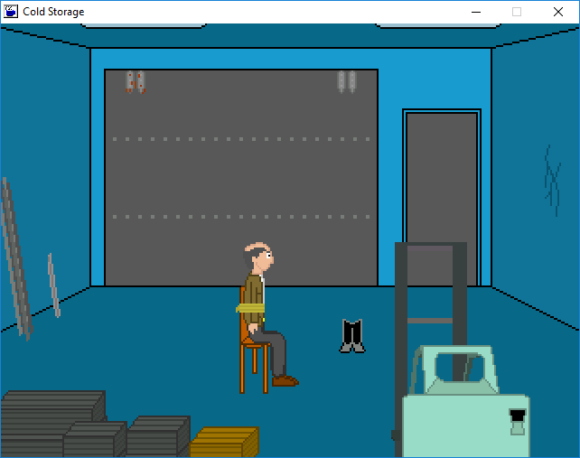 Cold Storage (Windows) screenshot: Louis Darcy finds himself in the cold storage tied to the chair
