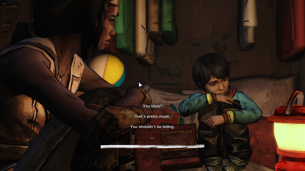 The Walking Dead: Michonne (Macintosh) screenshot: Episode 3 - Talking to Alex in his closet sanctuary