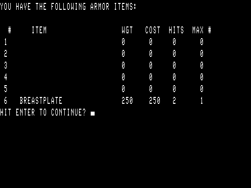 Balrog Sampler (TRS-80) screenshot: Armor you selected and are wearing