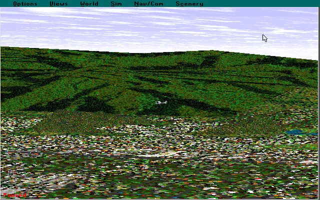 Microsoft Hawaii: Scenery Enhancement for Microsoft Flight Simulator (DOS) screenshot: Flying over the Honolulu area and looking inland with the scenery pack installed