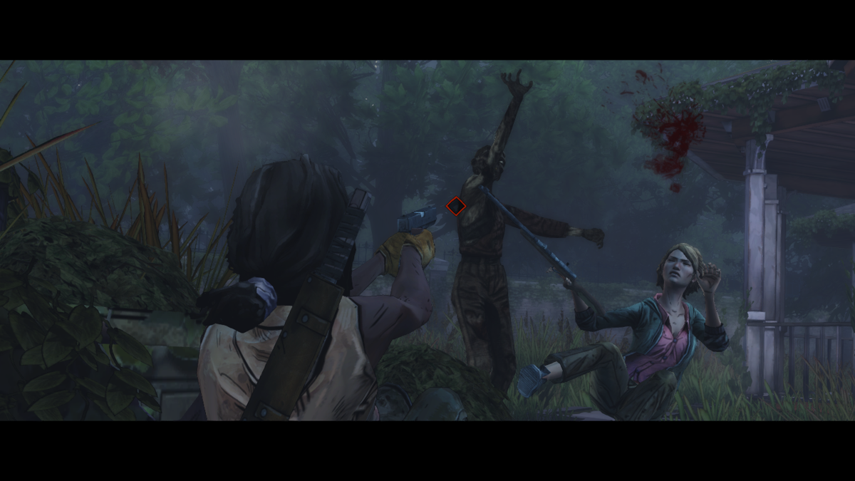 The Walking Dead: Michonne (Macintosh) screenshot: Episode 3 - Michonne is handy with a gun as well as with her sword