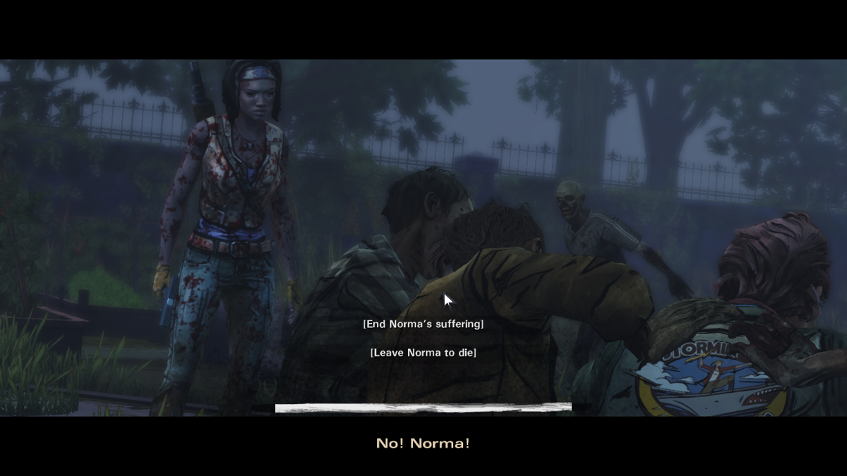 The Walking Dead: Michonne (Macintosh) screenshot: Episode 3 - End Norma's suffering or leave her to a gruesome death