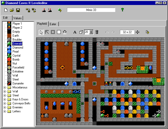 Diamond Caves II (Windows) screenshot: Windows-version of the Level editor