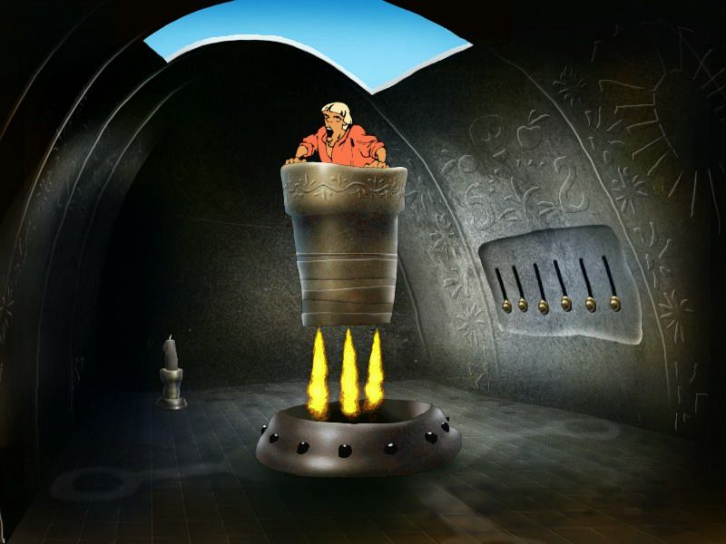 Nedetskie Skazki (Windows) screenshot: Taking off in the mortar of Baba Yaga