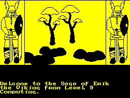 The Saga of Erik the Viking (ZX Spectrum) screenshot: The game screen. Text is shown at the bottom and pictures are drawn in the central window. The drawing process is quite slow. First the black outlines are added bit by bit