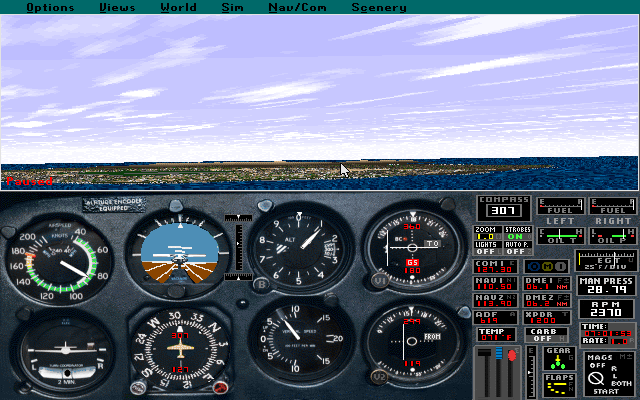 Microsoft Hawaii: Scenery Enhancement for Microsoft Flight Simulator (DOS) screenshot: Microsoft Flight Simulator allows the player to enter real world co-ordinates. After entering the numbers for Hawaii's Diamond Head this is the very flat looking view without the scenery pack
