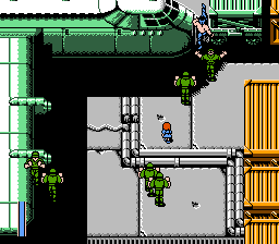 Ikari III: The Rescue (NES) screenshot: An intense fight in the hangar.