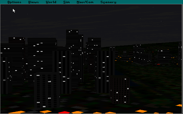 Microsoft Hawaii: Scenery Enhancement for Microsoft Flight Simulator (DOS) screenshot: This is "Wakiki Rush"one of the new Flight Simulator Situations. It sees the player flying a biplane between the resorts hotels and it can be flown at night