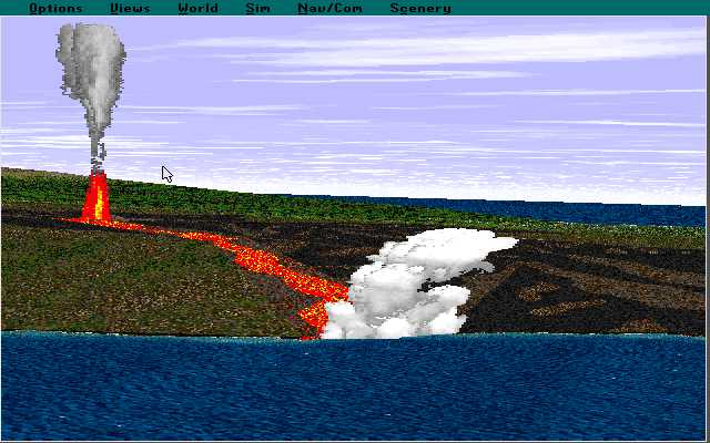 Microsoft Hawaii: Scenery Enhancement for Microsoft Flight Simulator (DOS) screenshot: This is one of the new Flight Simulator Situations that is installed with the Hawaii scenery, it's the 1983 Kilauea Eruption