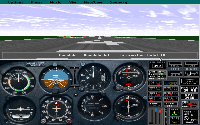 Microsoft Hawaii: Scenery Enhancement for Microsoft Flight Simulator (DOS) screenshot: On the runway at Honolulu International airport. Here the scenery pack has not been installed