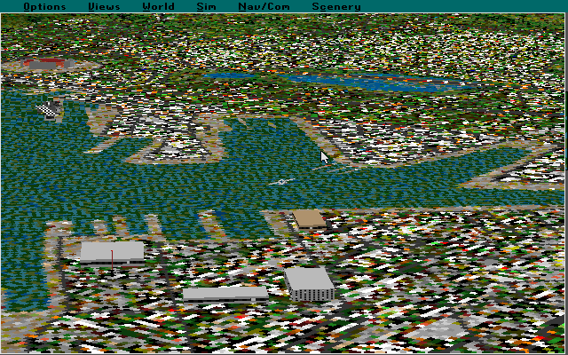 Microsoft Hawaii: Scenery Enhancement for Microsoft Flight Simulator (DOS) screenshot: This is Pearl Harbour viewed from a spot plane 2000 feet ahead and 500 feet above. The Hawaii scenery pack is in use here
