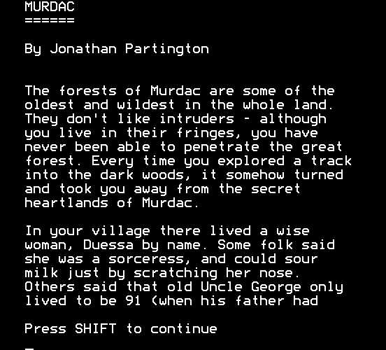Avon + Monsters of Murdac (BBC Micro) screenshot: Murdac: introduction