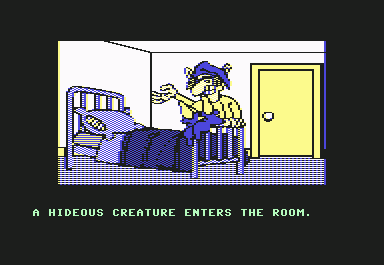 The Institute (Commodore 64) screenshot: Hideous creature that you start a narrative about how you come to the Institute