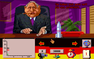 Hurra Deutschland (DOS) screenshot: The lobbyist is your only source of income. He represents the chemical industry, weapons industry, gene industry and nuclear lobby. Be nice to them if you want their money.