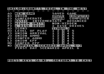 Shiloh: Grant's Trial in the West (Atari 8-bit) screenshot: Main menu