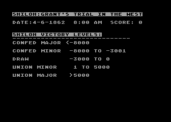 Shiloh: Grant's Trial in the West (Atari 8-bit) screenshot: Pre-Battle stats