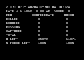 Shiloh: Grant's Trial in the West (Atari 8-bit) screenshot: Pre-Battle stats men