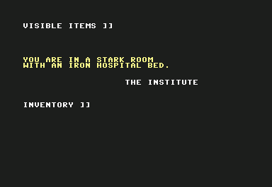 The Institute (Commodore 64) screenshot: Visual is graphic but typing is via standard text adventure style