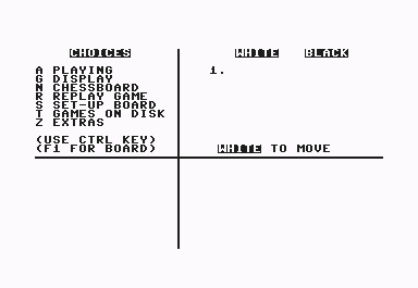 The Chessmaster 2000 (Commodore 64) screenshot: Main menu