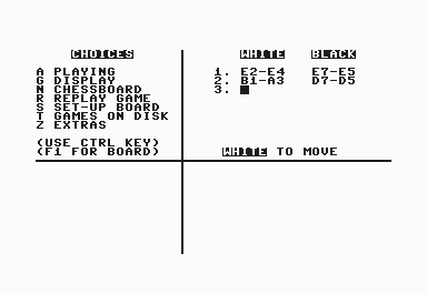 The Chessmaster 2000 (Commodore 64) screenshot: Move history last 10 shown on menu
