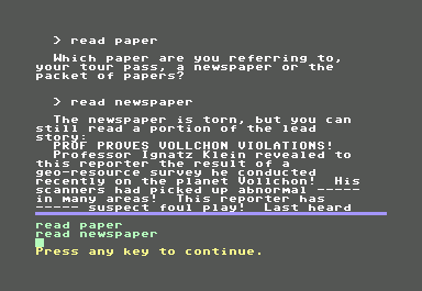 Essex (Commodore 64) screenshot: Newspaper lead story...