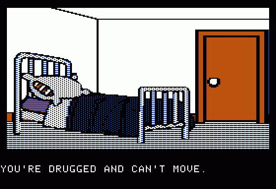 The Institute (Apple II) screenshot: Here we are drugged in our room/bed...