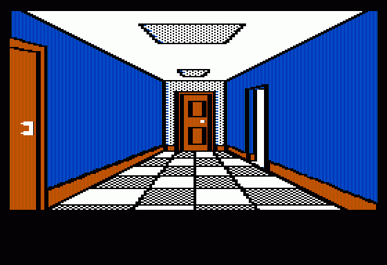 The Institute (Apple II) screenshot: Long hallway - exploring the Institute