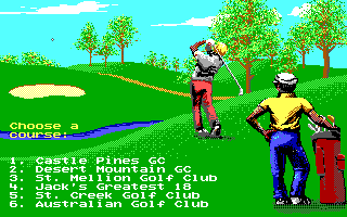 Jack Nicklaus presents The International Course Disk (DOS) screenshot: Three new courses are available in Main Menu along with three main ones (EGA)