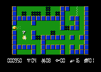 Robbo (Atari 8-bit) screenshot: If you push the "?" in front of cannon there will be surprise.