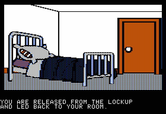 The Institute (Apple II) screenshot: Finally let me out of lockup.... back to my room