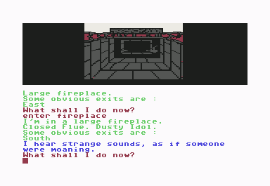 Scott Adams' Graphic Adventure #4: Voodoo Castle (Commodore 64) screenshot: Strange sounds in the Fireplace