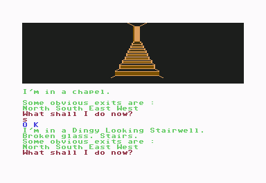 Scott Adams' Graphic Adventure #4: Voodoo Castle (Commodore 64) screenshot: Dingy stairwell
