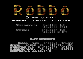 Robbo (Atari 8-bit) screenshot: Title screen and text introduction