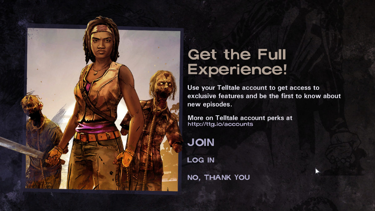 The Walking Dead: Michonne (Macintosh) screenshot: Episode 1 - Telltale account prompt screen