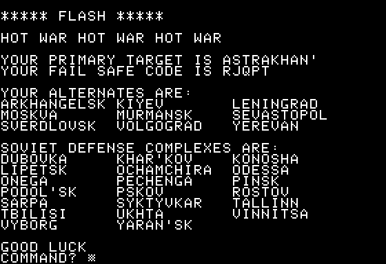 B-1 Nuclear Bomber (Apple II) screenshot: Game start target - Astrakhan