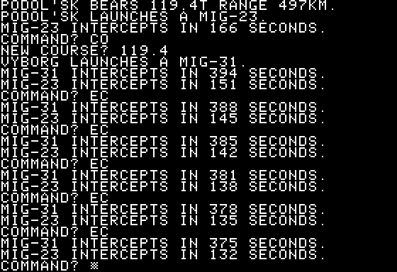 B-1 Nuclear Bomber (Apple II) screenshot: Multiple contacts can't shake - things are heating up