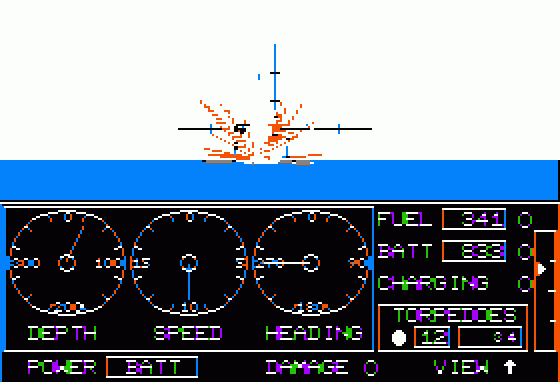 GATO (Apple II) screenshot: The 3rd ship has major explosions before sinking