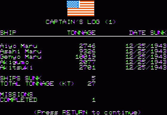 GATO (Apple II) screenshot: Captains log - Tonnage sunk