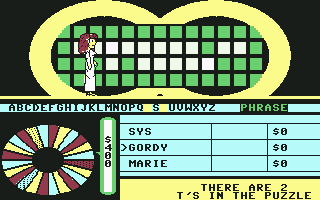 Wheel of Fortune (Commodore 64) screenshot: The hostess goes across the board to flip a tile