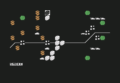 Mech Brigade (Commodore 64) screenshot: Computer using lots of smoke to direct forces to top area