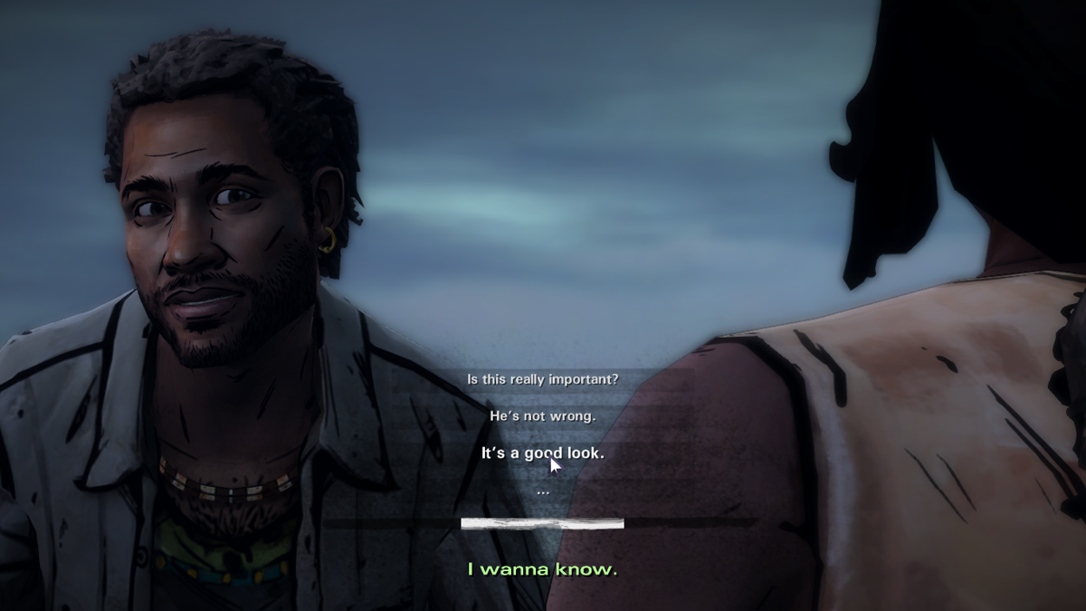 The Walking Dead: Michonne (Macintosh) screenshot: Episode 1 - Your friend asking you about his new looks