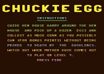 Chuckie Egg (Atari 8-bit) screenshot: Instructions