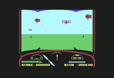 Deep Strike (Commodore 64) screenshot: Enemy planes and lots of barrage balloons