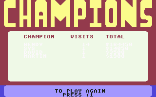 Wheel of Fortune (Commodore 64) screenshot: Champions