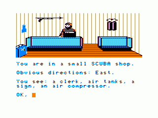 Sea Quest (TRS-80 CoCo) screenshot: Finally a shop... I might need some gear for diving