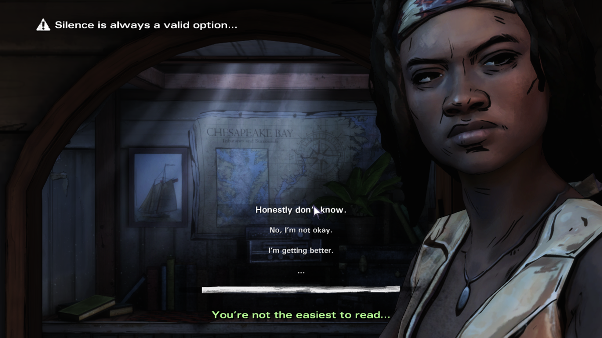 The Walking Dead: Michonne (Macintosh) screenshot: Episode 1 - Discussing your nightmares
